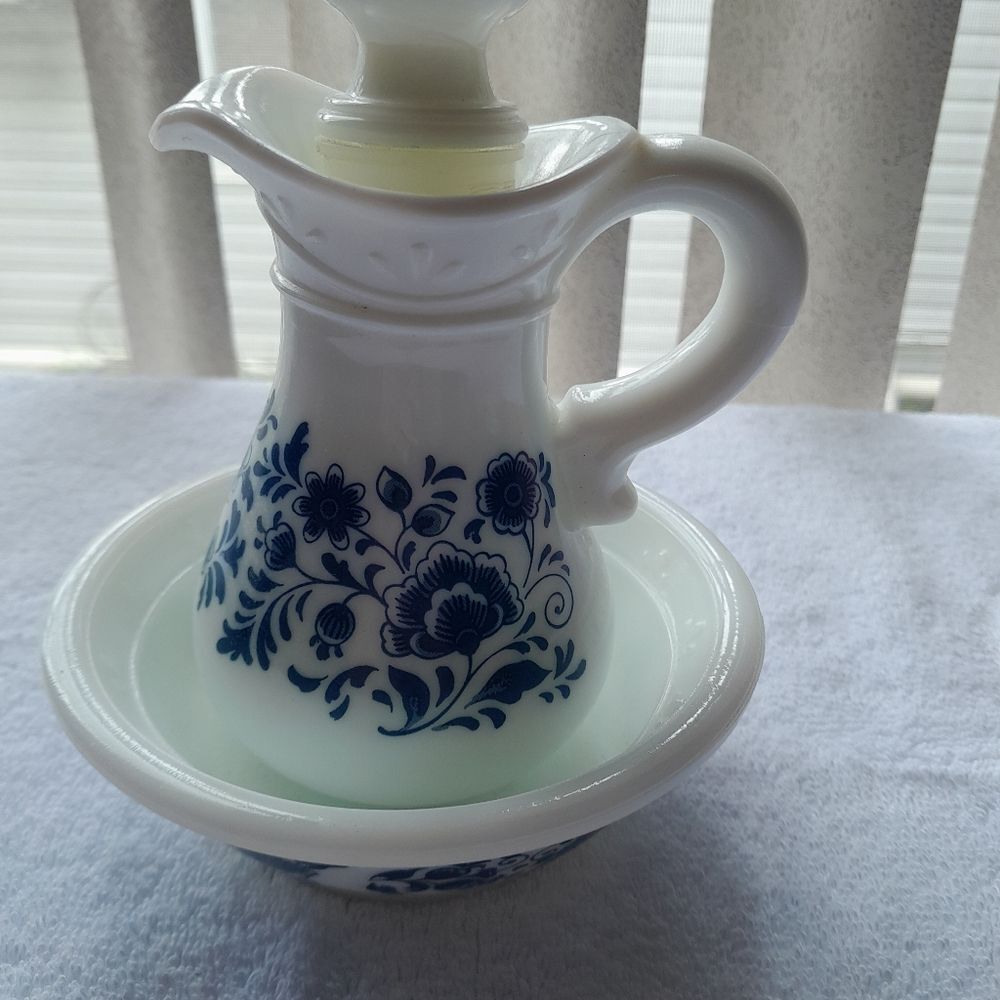 Avon Blue/White Blue Delft Like Pattern Milk Glass Pitcher with Stopper